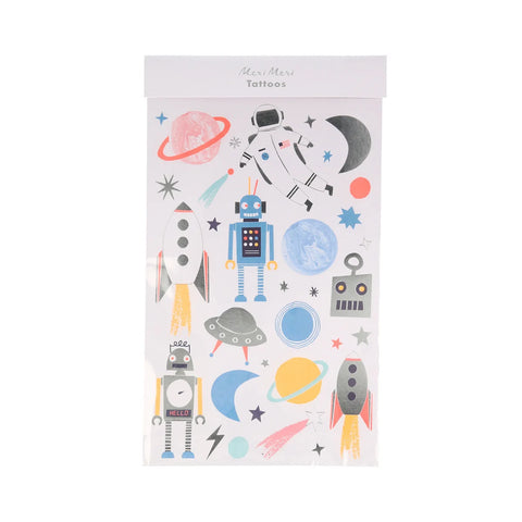 Colorful space tattoos with moon and robots sold at ALittleConfetti, By Meri Meri
