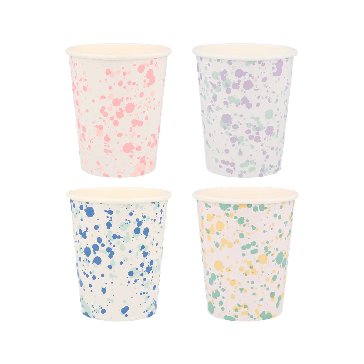 Speckled cups in purple pink blue and green sold at ALittleConfetti, Meri Meri.