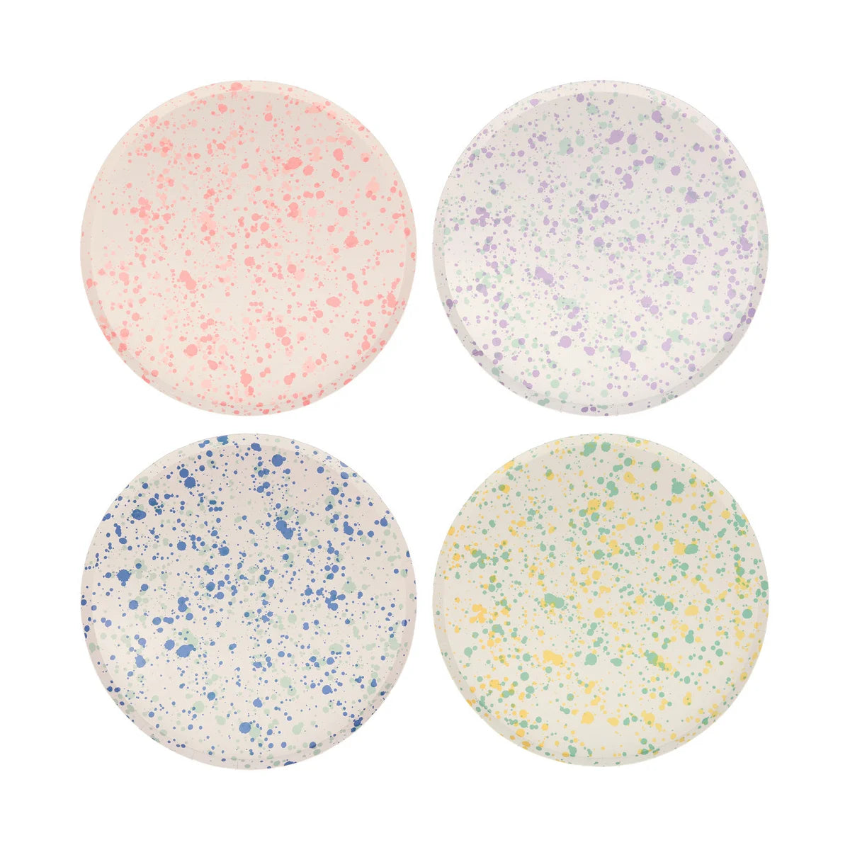 Speckled dinner plates in blue, pink, purple and green, sold at ALittleConfetti. By Meri Meri