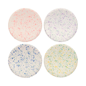Speckled dinner plates in blue, pink, purple and green, sold at ALittleConfetti. By Meri Meri