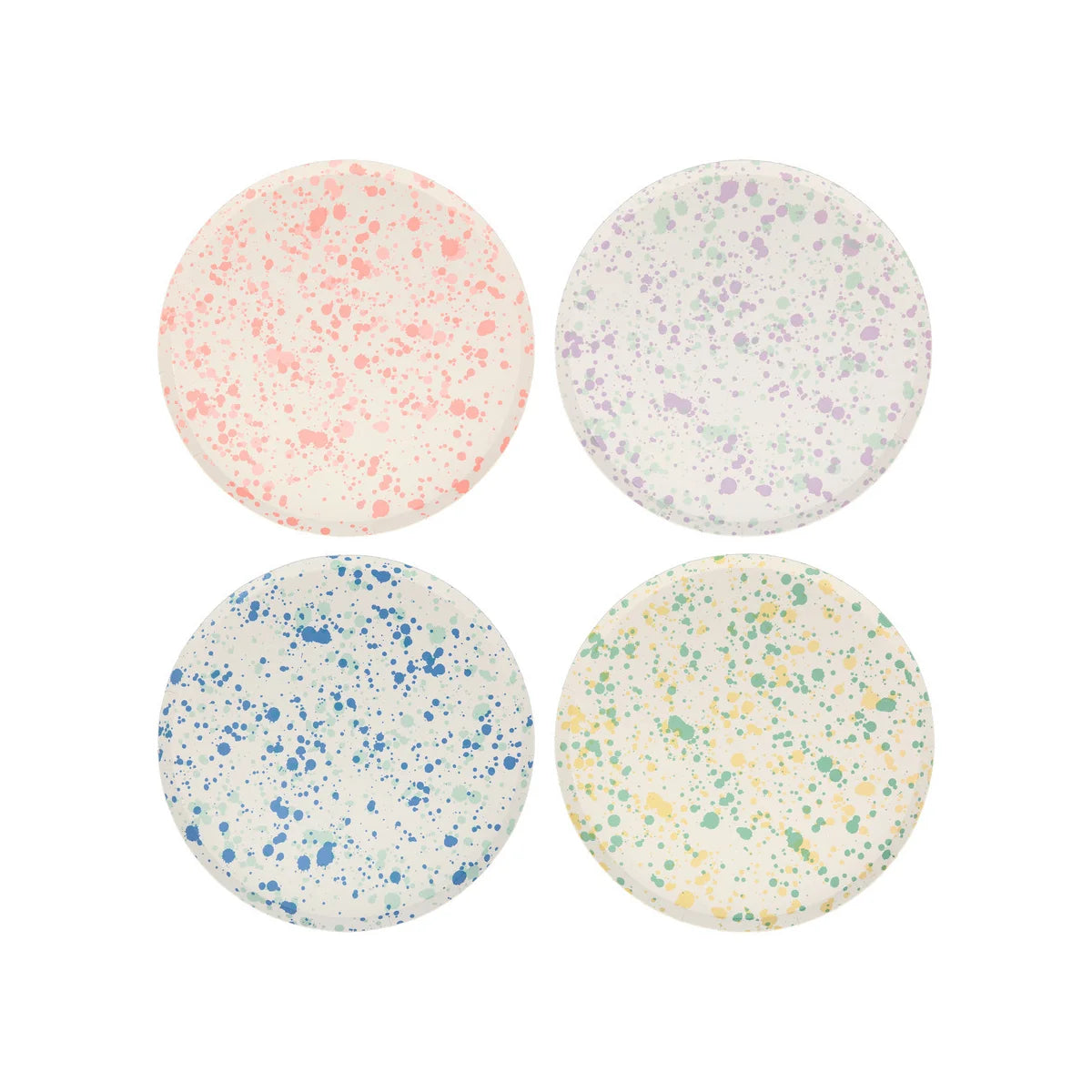 Speckled side plates in pink, purple, green and blue, sold at ALittleConfetti. By Meri Meri