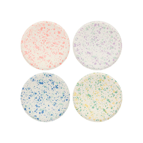 Speckled side plates in pink, purple, green and blue, sold at ALittleConfetti. By Meri Meri