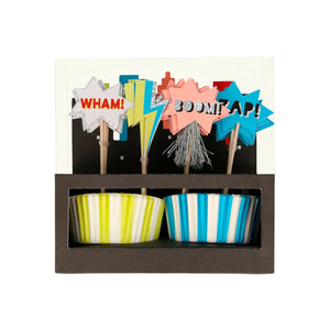 Superhero cupcake kit with yellow and blue liners and colorful toppers, sold at ALittleConfetti. By Meri Meri