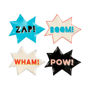 Colorful super hero plates with jagged edges sold at ALittleConfetti, by Meri Meri