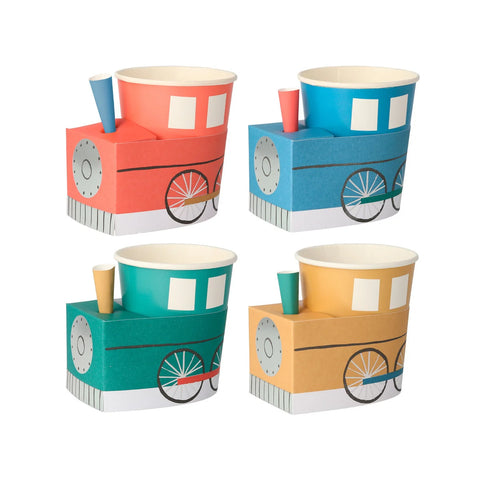 Colorful train shaped cups in green yellow blue and red sold at ALittleConfetti, By Meri Meri