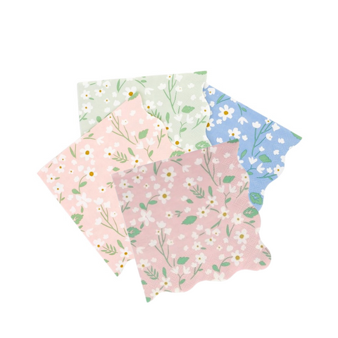 Floral napkins with pink, green, and blue backgrounds. sold at ALittleConfetti, By Meri Meri.