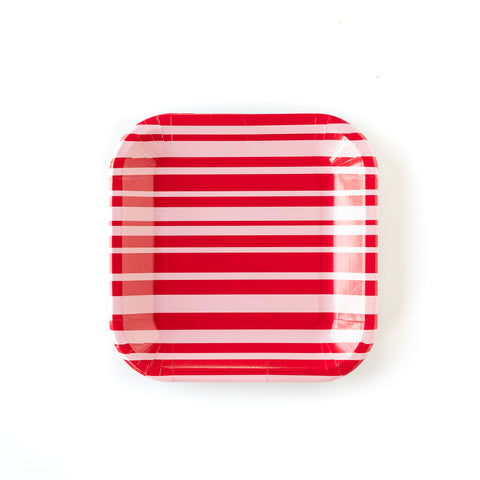 Red and Pink Striped Square Valentine's Day plates. Perfect for a Galentine's party! At A Little Confetti