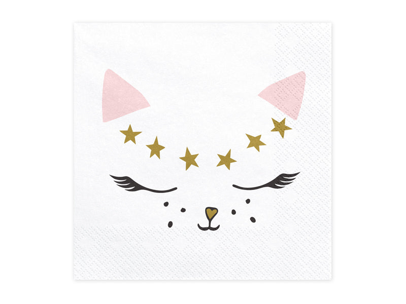 White with a gold print love Kitty Paper napkins available at A Little Confetti