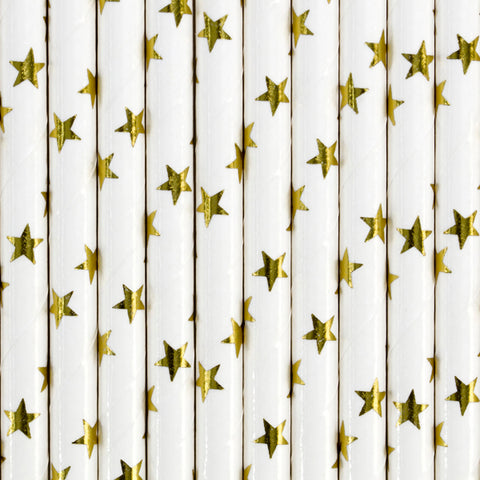 White with Metallic Gold Stars Paper straws available at A Little Confetti