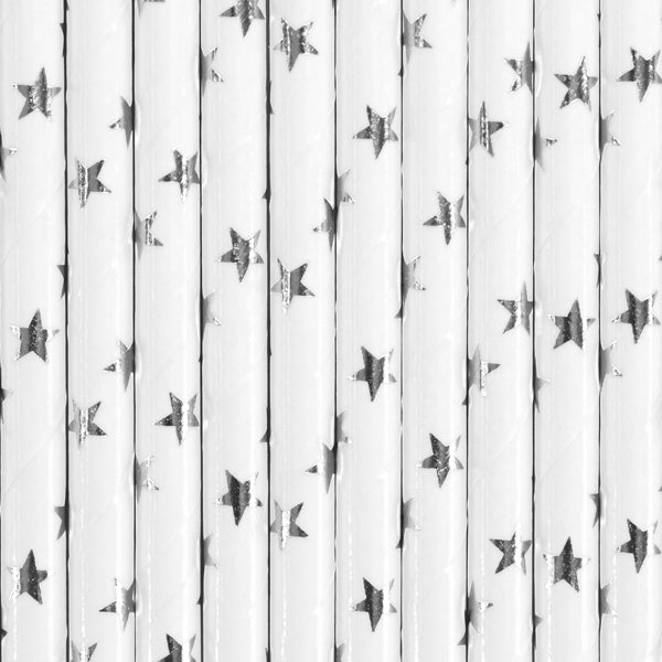 White with Metallic Silver Stars Paper straws available at A Little Confetti