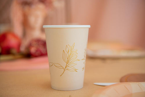 light brown cup with gold leaves, A Little Confetti