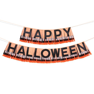 Meri Meri Fringe Happy Halloween Garland, Orange, black, Peach. Available at A Little Confetti. 